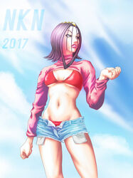 beach bikini bikini_bottom bikini_top crop_top denim_shorts jojo's_bizarre_adventure lipstick magazine_cover miraschon nkn purple_eyes purple_hair shoulder_length_hair small_breasts stone_ocean sun sunlight sweater