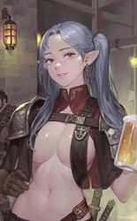 1boy 1girls alcohol armor artist_name beer beer_mug belt black_hair blue_eyes blue_hair breasts brown_gloves capelet cleavage cup earrings fantasy female fire flame gloves green_eyes grey_eyes grey_hair highres holding holding_cup indoors jewelry ki_min-woo large_breasts long_hair looking_at_viewer male medium_breasts mug navel original parted_lips pauldrons pointy_ears revealing_clothes scabbard sheathed shoulder_armor smile solo_focus stomach sword twintails weapon