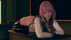 3d bag bondage bondage_outfit desk female female_only gloves honey_select latex laying laying_down lying_on_desk metal_01 on_desk on_front petite pink_hair school school_uniform schoolgirl sex short_hair stockings teenager