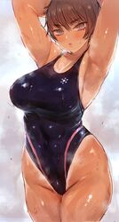 armpits arms_behind_head breasts brown_hair c.cu competition_swimsuit curvy dark-skinned_female dark_skin female female_focus large_breasts lips one-piece_swimsuit solo swimsuit tan tanline thighs wet