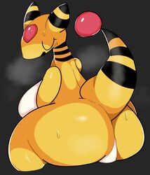 ampharos anthro black_stripes blush closed_eyes ebi10000000000 female female_only game_freak huge_breasts large_breasts nintendo pokémon_(species) pokemon pokemon_(species) pokemon_focus simple_background solo_female sweating tagme thick_thighs wide_hips