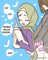 1boy 1girls bolapistarize bottomless breasts breasts_out closed_eyes clothed_female clothed_sex dialogue doggy_style duo female female_focus hijab human large_breasts male open_mouth sex sex_from_behind shirt shirt_lift standing standing_sex straight top_lift young