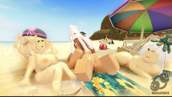 3d 3girls areolae artist_logo ass bandaid bandaid_on_nose beach big_ass big_breasts blonde_hair blue_eyes breasts brown_hair female_focus female_only green_eyes hallveris hat long_hair looking_back medium_hair mr_tentacles nipples nude nude_female pale-skinned_female pale_skin pussy roblox roblox_avatar robloxian sand sky smile smug squid_hat tan-skinned_female tan_skin thighs towel unamused watermark white_hair wink