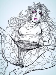 1girls breasts eyeshadow female fishnets human jojo's_bizarre_adventure legs_apart lipstick long_hair miuccia_miuller no_shoes panties shounen_jump sitting stockings stone_ocean sweater thick_thighs upskirt