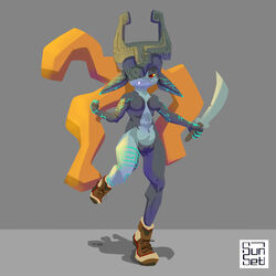 absurd_res action_pose armor clothing crown female footwear hair happy headgear helmet hi_res humanoid imp_midna long_hair melee_weapon midna nintendo pose shoes smile smirk solo sunsetrey_(artist) sword the_legend_of_zelda twilight_princess video_games weapon