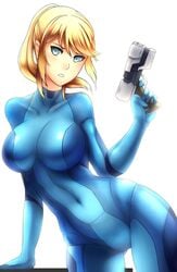 1girls blaster blonde blue_eyes bodysuit female female_only gun metroid nintendo pistol ponytail ragecndy samus_aran solo zero_suit zero_suit_samus