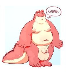 alligator alligatorid anthro balls belly big_balls crocodilian foreskin genitals hi_res male moobs nipples overweight overweight_anthro overweight_male penis reptile scalie serex simple_background solo speech_bubble