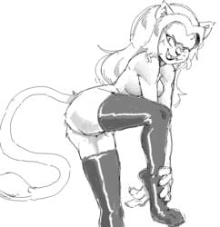 2021 akunim alien anthro ass caitian_(species) clothing fangs feline female furry inner_ear_fluff legwear legwear_only long_hair mammal monochrome mostly_nude shiboline_m'ress sketch solo star_trek star_trek_the_animated_series stockings stockings_only tail thigh_highs