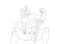 abs anatomically_correct anatomically_correct_genitalia anatomically_correct_penis animal_genitalia animal_penis anthro anus ass balls bedroom_eyes big_penis canid canine canis claws erection far_beyond_the_world_(series) fur furry genitals hi_res line_art longsword looking_at_viewer male mammal muscular muscular_anthro muscular_chest muscular_male narrowed_eyes neck_tuft nipples nude pecs penis ranok_(far_beyond_the_world) seductive sitting smile solo stwomy tuft video_games visual_novel wolf