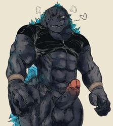 2021 abs anthro bottomless clothed clothing erection genitals ggan_ggandi godzilla godzilla_(series) heart humanoid_genitalia humanoid_penis kaiju male male_only muscular muscular_male one_eye_closed penis shirt solo toho topwear