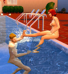 1boy 1girls avengers black_widow_(marvel) blonde_hair breasts captain_america captain_america_(series) female human human_only legs light-skinned_female light-skinned_male light_skin male marvel marvel_comics natasha_romanoff nipples nude nude_female nude_male penis pool red_hair smile splashing steve_rogers straight water