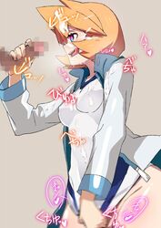 1boy 1girls alternate_breast_size alternate_outfit censored clothed_female_nude_male cum_on_face female fingering half-closed_eyes handjob heart heart-shaped_pupils heart_pupils human kasumi_(pokemon) male masturbation misty_(pokemon) misty_(pokemon_hgss) nintendo orange_hair penis penis_grab pokemon pokemon_gsc pokemon_hgss pokemon_rgby short_hair smile text tongue_out toranpo_rintarou