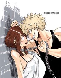 1boy 1boy1girl 1girls artist_request assertive assertive_male big_breasts chain chain_leash cleavage collar dom/sub dominant_male dominated domination eye_contact female femsub good_girl kabedon katsuki_bakugou large_breasts leash leash_pull light_bdsm male male/female male_dominating maledom metal_collar muscular muscular_male my_hero_academia ochako_uraraka side_view sideboob smirk spiky_hair straight submissive submissive_female