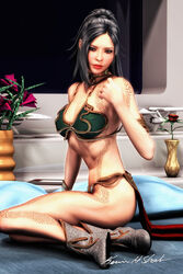 3d alien armlet belly_dancer belly_dancer_outfit black_hair boots cleavage crossover_cosplay dancer dancer_outfit female femsub gray_eyes harem_girl harem_outfit humanoid kevin_sharb loincloth medium_breasts model_starship neema_tam_(oc) original_character quarters slave slave_bikini slave_leia_(cosplay) slave_outfit slavegirl spots star_trek star_wars submissive_female text trill_(species)