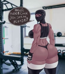 1girls 2d arabian ass background big_ass big_breasts big_butt black_sports_bra bubble_butt busty dark-skinned_female dark_skin dat_ass detailed_background female female_only gym hijab hourglass_figure huge_ass huge_breasts iraq muscular muscular_female muslim onemienix pamg photo_background solo sports_bra thong uzi_(hellonearthiii) wide_hips