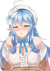 1boy ahoge artist_name bangs bare_shoulders blue_hair blue_neckwear blush bow bowtie braid breasts cleavage cleavage_cutout clothing clothing_cutout commission covered_nipples cum cum_on_body drooling drunk eyebrows_visible_through_hair female flower full-face_blush hair_flower hair_ornament hat heart_ahoge hololive hololive_gen_5 hololive_japan lactation lactation_through_clothes large_breasts long_hair looking_at_viewer male off_shoulder open_mouth outercourse paizuri paizuri_under_clothes pointy_ears saliva shirt simple_background virtual_youtuber wet wet_clothes wet_shirt yellow_eyes yua_respati yukihana_lamy