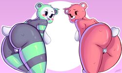 2girls 3m4nu312 anthro anthrofied ass bear big_ass black_fur breasts cuddle_team_leader duo epic_games female fortnite furry genitals green_fur looking_at_viewer pink_fur presenting_pussy pussy smile spooky_team_leader tagme thick_thighs video_games