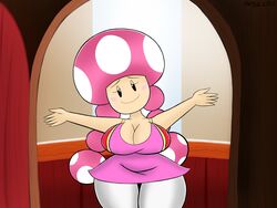 1girls bare_shoulders bedroom_eyes big_breasts big_hips big_thighs black_eyes blushing breasts cleavage clothed clothing doorway female female_only half-closed_eyes hug human human_only indoors large_breasts large_hips large_thighs light-skinned_female light_skin looking_at_viewer mario_(series) meme mushroom my_little_pogchamp_(meme) nintendo no_nose open_shirt pale-skinned_female pale_skin pants pigtails pink_shirt pogchamp revealing_clothes skirt smirk solo solo_female standing_in_doorway super_mario_bros. super_nintendo_world thick thick_thighs toadette twygz vest white_pants wide_hips