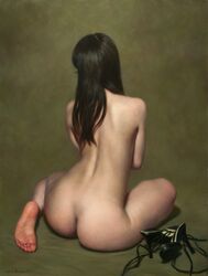 absurdres ass barefoot brown_hair completely_nude feet from_behind high_heels highres kneeling long_hair mishima_tetsuya nude oil_painting_(medium) original pale_skin shoes_removed signature soles tagme