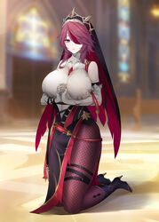 1girls azuri909 big_breasts boots calf_boots female female_only genshin_impact gloves heel_boots high_heels kneeling large_breasts long_gloves nun pantyhose praying red_eyes red_hair rosaria_(genshin_impact) short_hair solo solo_female thick thick_thighs thighs voluptuous