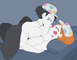 2girls big_breasts bigtop_burger billie_(bigtop_burger) black_hair breasts clown detnox earrings female female_only ginger ginger_hair huge_breasts kissing lesbian lipstick makeup orange_hair penny_(bigtop_burger) polka_dot polka_dot_hat spandex tagme white_skin yuri