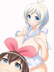 .live 2girls ahoge blue_eyes breasts brown_hair convenient_censoring dennou_shoujo_youtuber_shiro female female_only hair_between_eyes hair_scrunchie headgear kizuna_ai looking_at_another looking_at_viewer maeda_r44 scrunchie shocked short_hair siro_(dennou_shoujo_youtuber_siro) smile streaked_hair tagme virtual_youtuber white_hair wide_eyed youtube