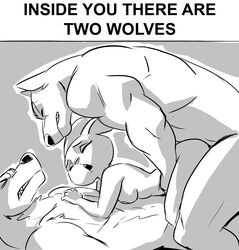 2021 anthro anthro_on_anthro anthro_penetrated anthro_penetrating anthro_penetrating_anthro breasts canid canine canis double_penetration duo english_text female female_penetrated greyscale group group_sex humor interspecies lagomorph larger_male leporid male male/female male_penetrating male_penetrating_female mammal meme monochrome nibhaaz nude penetration predator/prey rabbit sex size_difference sketch smaller_female smaller_penetrated text threesome wolf