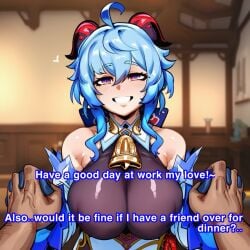 1boy 1girl 2026 2d absurd_res absurd_resolution absurdres ahoge ai_generated bare_shoulders bell big_ass big_breasts big_penis blue_hair blush bodystocking breasts covered_nipples cowbell detached_sleeves english_text ganyu_(genshin_impact) genshin_impact gloves goat_horns grin hair_between_eyes heart hetero hi_res high_quality high_resolution highres holding_hands horns image indoors interlocked_fingers large_breasts long_hair looking_at_viewer neck_bell patreon patreon_username pov pov_hands purple_eyes shiny_skin sidelocks smile solo_focus uncensured uni_gens upper_body watermark