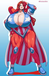 1girls american_dream_(comic) american_dream_(indie) blue_eyes costume darkereve female female_only full_body hand_on_hip hi_res huge_breasts hyper_breasts long_hair mesiasart muscular_thighs red_hair solo superhero_costume superheroine thick_thighs wide_hips