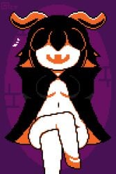 1girls animated armless black_hair breasts cloak crossed_legs deltarune eram eram_(deltarune) fangs female_only functionally_nude gif hair_over_eyes horns laugh laughing mantle monster_girl naked navel no_arms nude octotron2000 pixel_art self_upload shadow_mantle shoes short_hair skin_fangs small_breasts solo solo_female white_skin