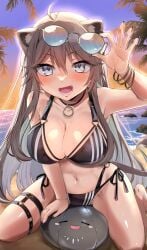 1girl absurdres ahoge alternate_costume animal_ear_piercing animal_ears arm_support ball_(object) beach beach_ball big_breasts bikini black_bikini black_chocker black_nails blush bracelet breasts busty character_ball choker cleavage collarbone commentary_request compressed double-parted_bangs fang fingernails gold_bracelet grey_eyes grey_hair hair_between_eyes highres holding holding_removed_eyewear hololive inflatable jewelry large_breasts leaning_forward lion_ears lion_girl lion_tail long_hair long_sidelocks looking_at_viewer looking_pleasured minatasiro multi-strapped_bikini_bottom nail_polish navel o-ring o-ring_bikini o-ring_top ocean official_alternate_hairstyle on_ball palm_tree plump pool_toy shiny_skin shishiro_botan side-tie_bikini_bottom sidelocks sitting sitting_on_ball sitting_on_beach_ball sky solo squish squishing ssrb_(shishiro_botan) straight_hair striped_bikini summer sunglasses sunset swimsuit tail tree triangle_bikini_top twilight two_side_up unworn_eyewear vertical-striped_bikini virtual_youtuber wariza