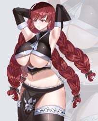 1girls armpits arms_up artist_name big_boobs big_breasts blush color colored fairy_tail female female_only hakucho293 irene_belserion large_breasts long_hair red_hair redhead redhead_female revealing_clothes revealing_outfit shaded thighhighs thighs wide_hips wide_thighs