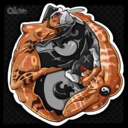 1:1 2girls anus ass black_hair bodily_fluids bondage breasts color cum_in_pussy duo elbow_gloves enjoying female_only gray_eyes hi_res looking_at_viewer nipples oilove open_legs original_characters plug_(sex_toy) pussy stripes sweaty_body watermark white_hair wide_hips yin_yang