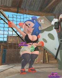 1girl accessories ai_generated big_hips big_thighs big_tits blue_hair female grey_socks light-skinned_female light_skin nintendo octoling orange_fingers shiver_(splatoon) shiver_(splatoon_raiders) splatoon_raiders x_username yallahs80