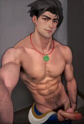 1boy abs damn earrings erect erect_cock erect_dick erect_penis erection genjiro hairy_arms happy_trail huge_cock male male_only necklace no_underwear overwatch overwatch_2 painted_over painting_(artwork) pants_down pubes selfie shirtless six_pack solo solo_male tagme wuyang