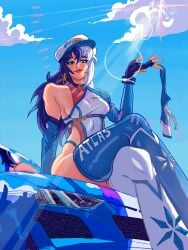 1girl 1girls black_and_white_hair black_hair blingjaggy car car_girl crossed_legs crosslegged_pose heterochromia holding_shorts korean korean_female low-angle_view luna_snow luna_snow_(marvel_rivals) luna_snow_(sonic_trailblazer) marvel marvel_rivals racecar shiny_clothes sideboob sitting sitting_on_car slim_thick slim_waist sunlight thick_thighs thighhighs thighs thighs_focus thong thong_only white_hair