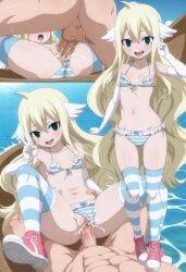 ai_generated blonde_hair boat empty_eyes fairy_tail frilly_swimwear green_eyes long_hair mavis_vermilion missionary_position multiple_views ocean sex shoes smile standing striped_bikini striped_thighhighs swimsuit v_sign