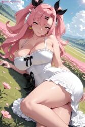 1girl ai_generated bangs bare_shoulders black_bow black_ribbon blush bow breasts cleavage collarbone day dress earrings flower frilled_dress grass hair_bow hair_ornament hair_ribbon hairclip hi_res high_quality high_resolution jewelry kiraamane large_breasts long_hair looking_at_viewer lying on_side outdoors patreon petals pink_hair ribbon seductive sexy sleeveless smile solo thighs twintails uncensored water watermark white_dress