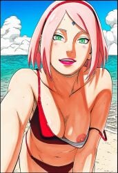 accurate_art_style accurate_body_type accurate_proportions ai_generated beach big_breasts bikini bikini_bottom bikini_top masashi_kishimoto_style naruto naruto_(series) outdoors outside sakura_haruno tits_out