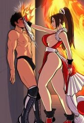 1boy 1girl abs against_wall ai_generated arm_guards ass assertive_female bare_shoulders black_footwear black_hair black_male_underwear blush boots breasts brown_eyes brown_hair bulge closed_eyes clothing crossover fatal_fury female femdom fire folding_fan from_side hand_fan height_difference hetero high_ponytail holding holding_fan in_the_face japanese_clothes kabedon king_of_fighters knee_boots large_breasts long_hair looking_at_another mai_shiranui male male_underwear muscular ninja nipples no_bra pectorals pelvic_curtain ponytail pyrokinesis revealing_clothes rope shin_guards sideboob smile socks standing tabi teasing thick_thighs thighs tiptoes topless_male underwear