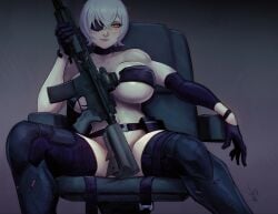 1girls assault_rifle black_gloves black_legwear breasts chair devil_hs eyepatch female female_only gloves grey_background large_breasts light_smile looking_at_viewer navel no_panties pale_skin red_eyes rifle saruei_(vtuber) scar short_hair silver_hair sitting spread_legs thighhighs thighs vtuber