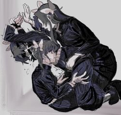 3girls arms_up bdsm belt bit_gag black_jacket black_pants black_shoes blindfold blunt_bangs blush bound bound_wrists butterfly_hair_ornament curtained_hair faceless faceless_female female female_only fingering fingering_through_clothes from_side gag hair_ornament hand_on_wall highres jacket kimetsu_no_yaiba kochou_kanae kochou_shinobu koyomania mandarin_collar multiple_girls pants partially_colored protected_link rope shoes side_ponytail sidelocks sweatdrop through_clothes tsuyuri_kanao white_belt yuri