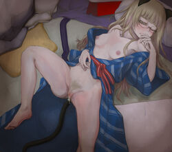 1girls after_sex animal_ears bangs biting blonde_hair blunt_bangs blush breasts cat_ears cat_tail censored clothing cum cumdrip cushion female finger_biting flat_chest fur futon glasses highres japanese_clothes long_hair looking_away megrim_haruyo nipples open_clothes perrine_h._clostermann pillow pubic_hair solo spread_legs strike_witches tail wince wink world_witches_series