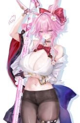 1girls animal_ears big_breasts black_panties breast_out breasts evanescia_(honkai:_star_rail) exposed_breasts female fox_ears honkai:_star_rail honkai_(series) hoyoverse large_breasts long_hair mihoyo moehime panties panties_under_pantyhose pantyhose pink_hair purple_eyes skirtless