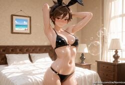 1girl ai_generated animal_ears armpits arms_behind_head arms_up bangs bed bedroom bikini black_bikini blush breasts brown_eyes brown_hair chest_of_drawers cleavage closed_mouth collarbone cowboy_shot curtains day fake_animal_ears freckles hair_between_eyes hairband indoors kermixx lamp looking_at_viewer medium_breasts navel o-ring o-ring_bikini o-ring_bottom on_bed overwatch picture_frame pillow rabbit_ears shiny shiny_skin short_hair skindentation smile solo standing stomach sweat swimsuit tracer wet window