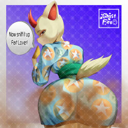 animal_crossing cream_fur deer_girl dialogue fart fart_cloud fart_fetish farting japanese_clothing looking_back red_horns shino_(animal_crossing)