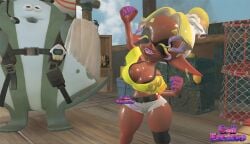 ai_generated big_boobs big_breasts big_man_(splatoon) big_thighs big_titties bun_hair dark-skinned_female dark_skin deep_cut_(splatoon) frye_(splatoon) frye_(splatoon_raiders) mini_short nintendo oiled_breasts pointy_ears purple_fingers sensual_curves shiver_(splatoon) shiver_(splatoon_raiders) thighs video_game_character video_game_franchise x_username yallahs80 yellow_hair