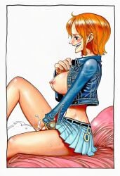 1girls accurate_art_style accurate_body_type ai_generated areolae bangle bed belt blue_jacket blue_skirt blush bodily_fluids border bracelet breasts busty clothing crop_top cropped_jacket curvaceous curvy curvy_figure denim denim_jacket drooling eiichiro_oda_style erect_nipples female female_ejaculation female_focus female_masturbation female_only female_orgasm fingering genital_fluids glossy_body grin high_resolution highres hourglass_figure in_profile jacket jewelry knee_up large_breasts leather light-skinned_female light_skin long_sleeves manga_style masturbation midriff miniskirt nami_(one_piece) nipples no_bra official_style on_bed one_piece open_clothes open_jacket open_mouth orange_hair pleated_skirt saliva shiny shiny_clothes shiny_hair shiny_skin short_hair simple_background sitting sitting_on_bed skirt smile solo solo_focus squirting sweat teeth vaginal_juices watch white_background wristwatch