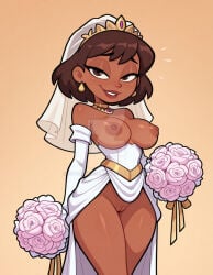 ai_generated character_request copyright_request dark-skinned_female deviantart_username female female_only flowers nipples pussy solo solo_female watermark web_address wedding_dress