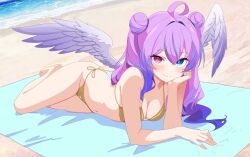1girls angel angel_girl angel_wings beach bikini blue_eyes female female_only gold_bikini golden_bikini golden_week heterochromia hispanic_virtual_youtuber indie_virtual_youtuber long_hair looking_at_viewer miki_vine purple_hair red_eyes thighs two-tone_hair virtual_youtuber vtuber vtuberfanart wings